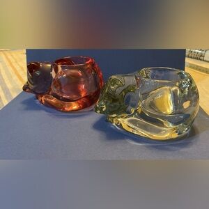 Set Vintage Indiana Glass Sleeping Cats / Clear + Cranberry / Candle Votive